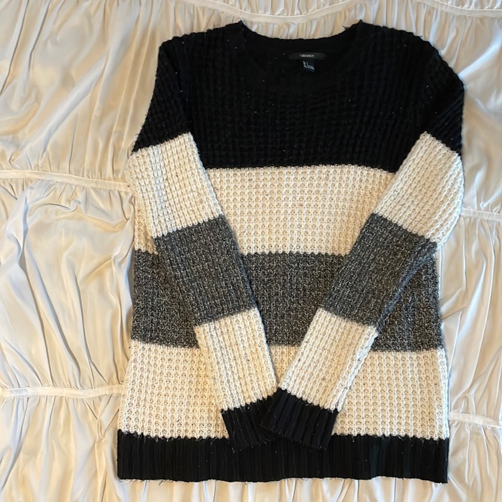 Womens Forever 21 Black, White, and Gray striped Knot Sweater